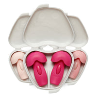 Happy Ears Pink 3-Pack — three pairs of reusable earplugs in pale pink, bright pink and dusty rose, size Medium, in three open carry cases